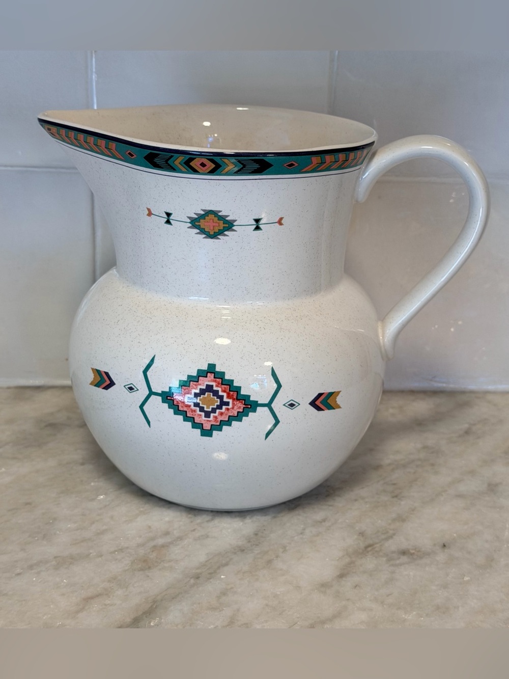 Vintage Studio Nova White Ceramic Pitcher with Teal & Coral Adirondack Pattern